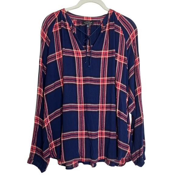 Lucky Brand Womens Crinkle Peasant Blouse Size 1X Blue Red Plaid Metallic Rayon - Picture 1 of 6